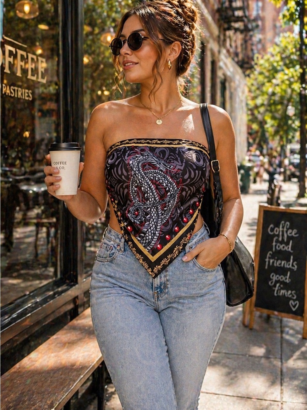 SHEIN Black Strapless Dragon Bandana Crop Top with Red and Gold Accents